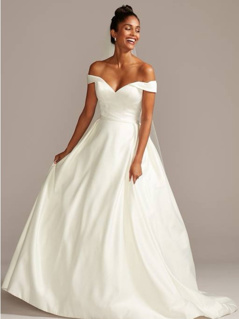 David's Bridal Ivory Off-the-Shoulder Satin A-Line Wedding Gown